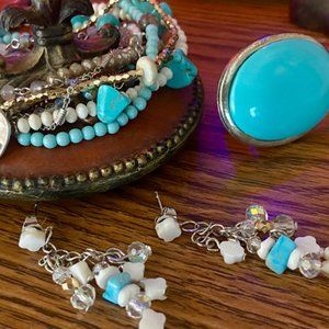 SW Turquoise type Large Ring, Multicolor Beaded Cross Bracelet, & Earrings Set